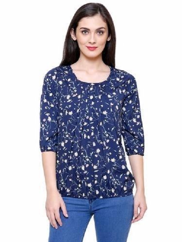 Blue And Grey Floral Printed Pattern 3/4 Sleeves Ladies Fancy Top