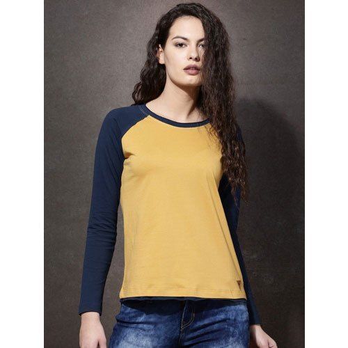 Green & Grey Casual Wear Full Sleeves Round Neck Blue And Yellow Cotton Ladies T Shirt 