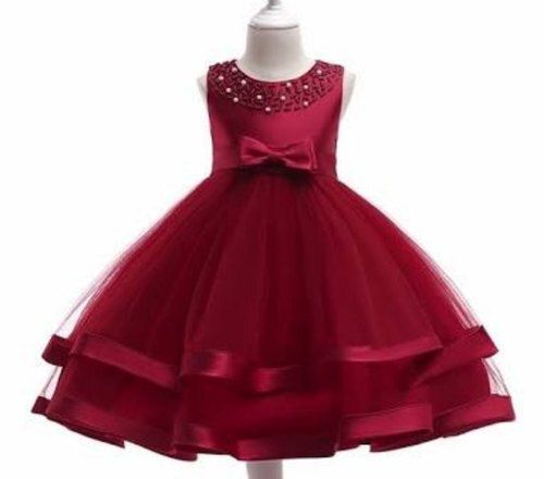 Rings Round Neck Partywear Sleeveless Maroon Net Fancy Baby Frocks 