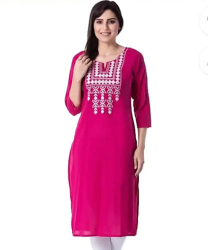 Round Neck Washable And Breathable Embroidery Pattern Casual Wear Cotton Kurtis