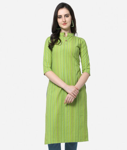 Silver Washable And Comfortable 3/4Th Sleeves Formal Wear Green Plain Ladies Cotton Kurti 