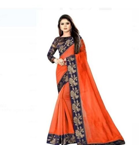 Orange 5 Meter Long Easy To Carry Designer Casual Wear Embroidered Chanderi Sarees