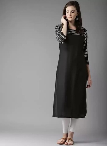 Comfortable And Washable Round Neck Straight Black Polyester Kurta