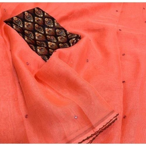 Peach Lady'S Plain Mirror Worked Cotton Saree With Printed Blouse Piece