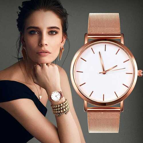 Modern Design Glossy Finish Round Shape Ladies Gold Strap Wrist Watch