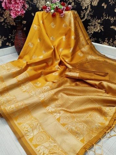 Yellow Party Wear Modern And Trendy Floral Design Printed Assam Silk Saree