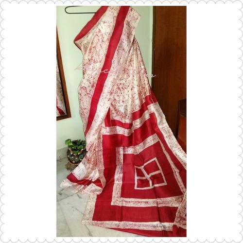 Casual Red And White Attractive Look Comfortable Wear Skin Friendly Hand Batik Silk Designer Saree