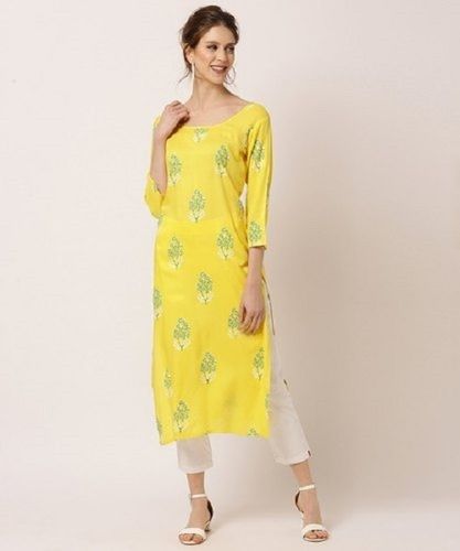 Yellow And Green Three Fourth Sleeves Type Casual Wear Round Neck Ladies Cotton Kurti