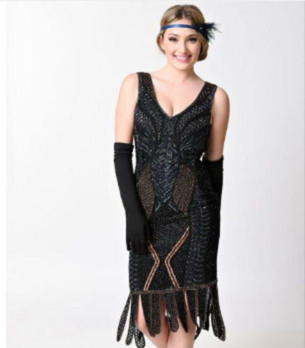 Party Wear Black Copper Beaded Flapper Dress.