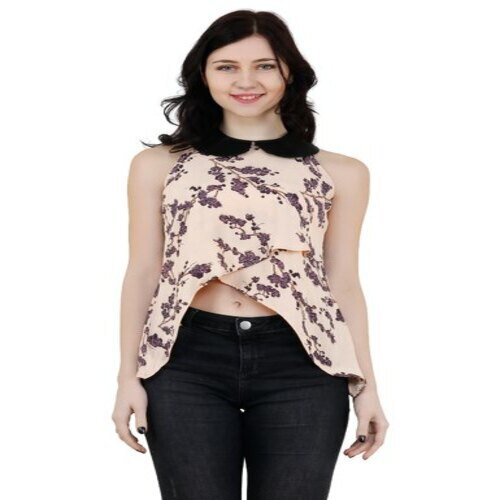 Casual Look Round Neck Regular Fit Beige Color Printed Contrast Collar Top