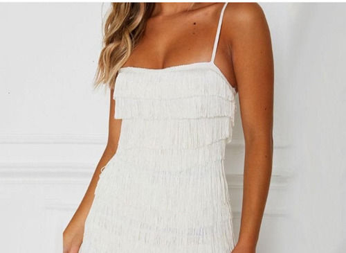 White Flapper Beach Strap Short Fringe Dress For Party 