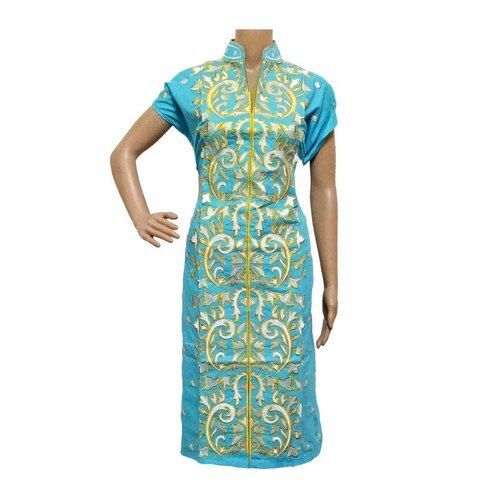 32 Inch Ladies Printed Short Sleeve Casual Wear Regular Fit Sky Blue Cotton Kurti Decoration Material: Laces