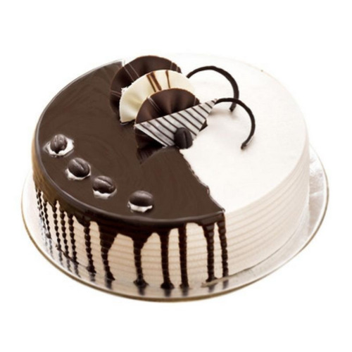 गोल आकार का स्वादिष्ट और मीठा चॉकलेट वेनिला केक वसा में शामिल हैं (%): 9 ग्राम (G)