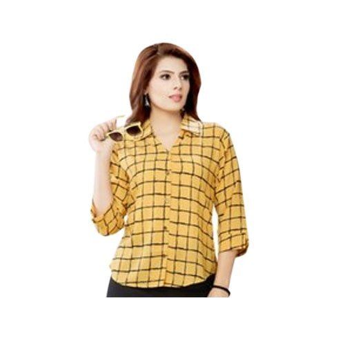 Multi Colored Skin Friendly Simple And Stylish Look Full Sleeves Yellow Ladies Checked Shirt