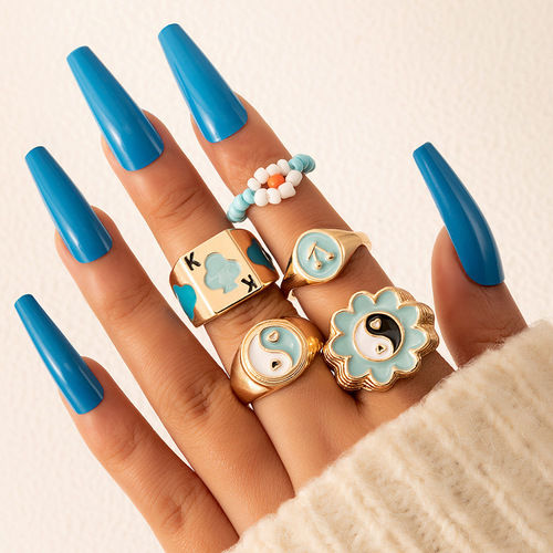 Bead Flower Playing Card Mushroom Blue 5 Pcs Ring Set