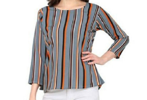 Ladies Casual Wear Round Neck Long Sleeves Uni Color Cotton Striped Top