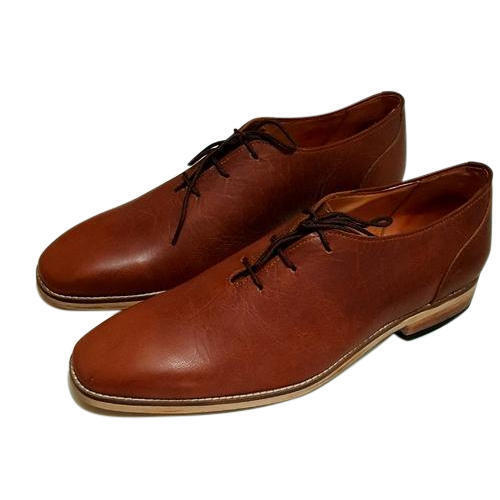 Men Lace Up Brown Semi Round Toe Plain Formal Leather Shoe 