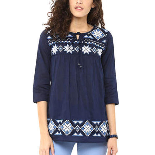 Multi Color Three Fourth Sleeves Type Round Neck Ladies Fancy Tops - Cotton Blend, Size M, Blue and White | Printed Pattern, Ribbons Closure, Ideal for Summer Outings