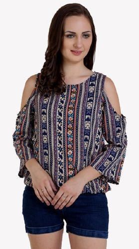 Strong Round Neck Long Sleeves Multicolor Breathable Crepe Printed Ladies Top