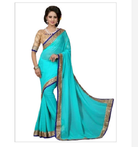 Breathable And Washable Sky Blue And Golden Party Wear Cotton Silk Saree