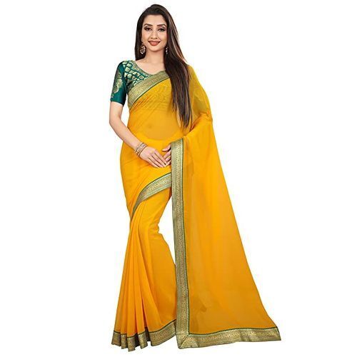 Most Beautiful Unstitched Lightweight Comfortable Fancy Yellow Chiffon Saree