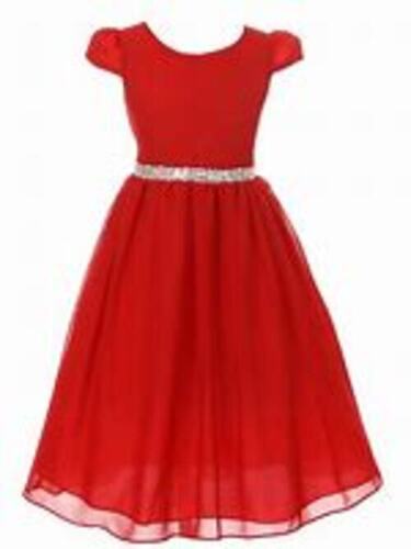 Round Neckline And Short Sleeve Plain Stylish Red Frocks For Kids Girl