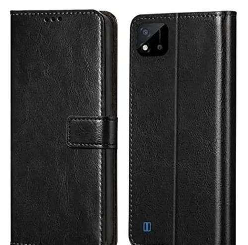 Synthetic Leather Flip Cover - Shock Resistant, Lightweight Design, Black Color, Compatible with Realme C11
