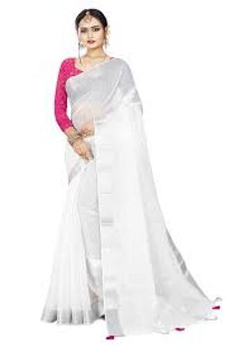 Cotton Women White Plain Linen Saree With Blouse Piece