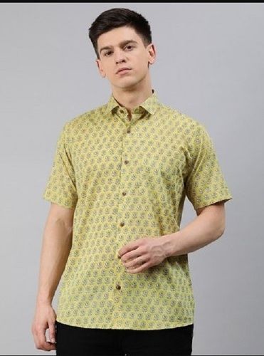 Yellow Printed Short Sleeves Washable And Comfortable Cotton Men Shirts