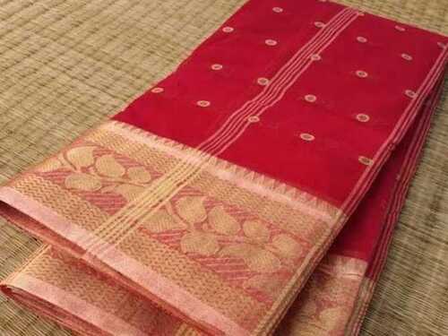 Party Wear Tant Cotton Saree, Hand Wash And Dry Cleaning, Red Color