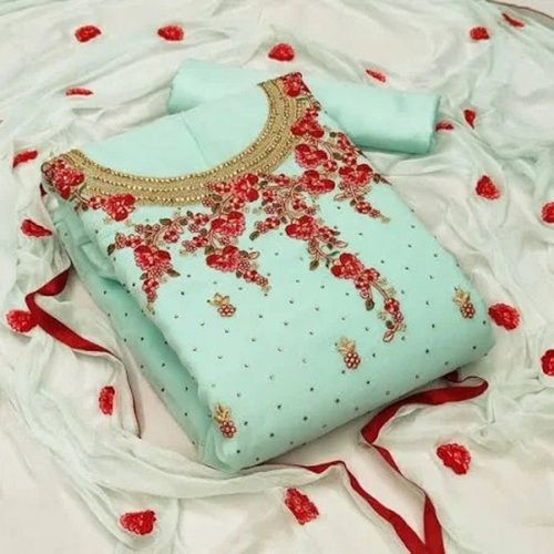 Sky Blue And Red Printed Comfortable And Washable Unstitched Ladies Suit