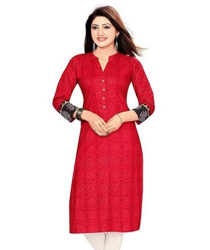 Casual Wear 3/4th Sleeve Regular Fit Printed Cotton Kurti For Ladies