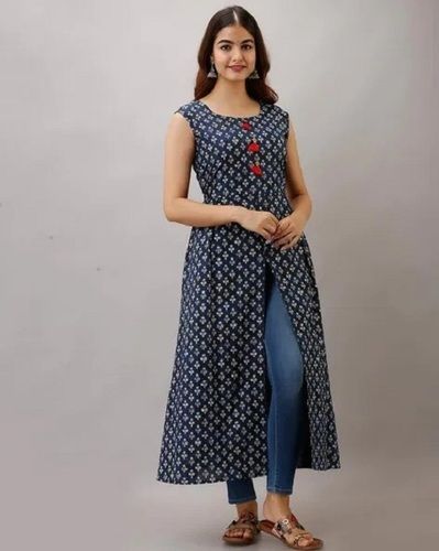 Brown Casual Wear Comfortable And Washable Sleeveless A Line Printed Cotton Kurti