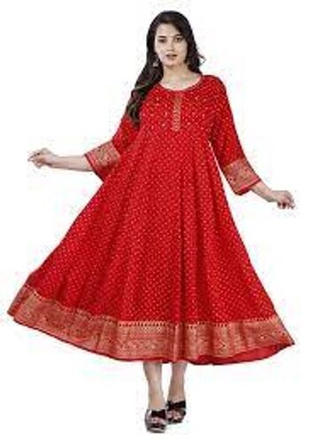 Ladies 3/4 Sleeve Ankle Length Printed Anarkali Kurti - Cotton, XL, 42 Inch, Red, Machine Washable | Shrink Resistant, Skin Friendly, Elegant Look