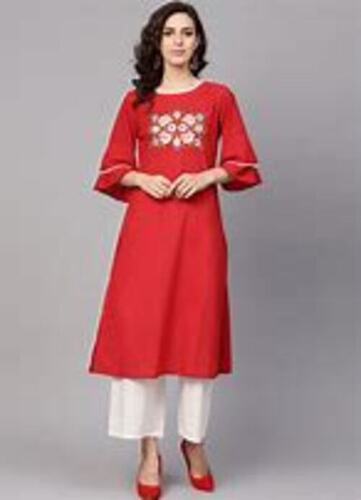 Red Ladies Comfortable Elegant Designed Trendy Cotton Embroidered Kurti