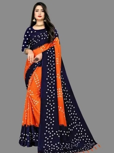 Party Wear Shrink Resistance Navy Blue And Orange Ladies Printed Cotton Sarees