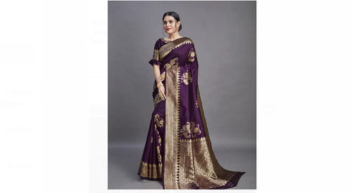 Purple And Golden 5.5 Meter Length Designer And Party Wear Silk Saree 