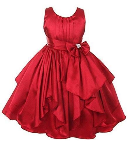 Sleeveless Mesh Yoke V-Neckline Waistline Kids Party Wear Red Satin Frock Decoration Material: Cloths