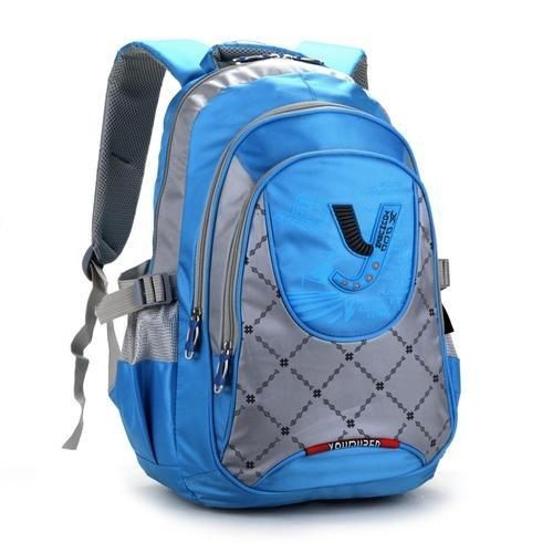 Blue Adjustable Strap Durable Zipper Closure Printed Pattern Nylon School Bag