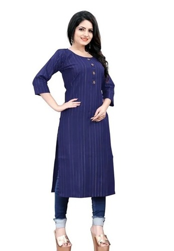 मैनुअल कैज़ुअल वियर आरामदायक और धोने योग्य स्ट्राइप्ड पैटर्न लेडीज़ ब्लू कॉटन कुर्ती