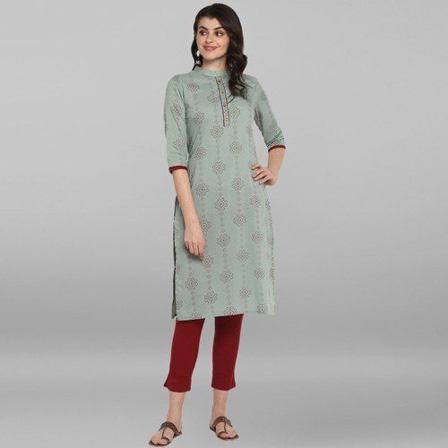 Casual Wear Washable Green And Red Round Neck Ladies Cotton Kurti  Efficacy: Ie1