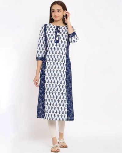 Comfortable And Easily Washable White And Blue Printed Ladies Cotton Kurta