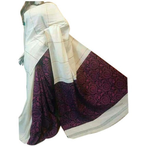 White And Pink Ladies Breathable Comfortable Cotton Sarees