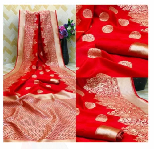 Silver Red And Golden Printed Light Weight Washable And Breathable Cotton Silk Sarees