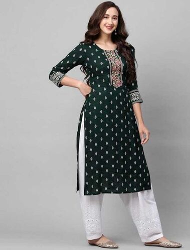 Women Casual Wear Simple Printed Rayon Straight Green Kurti