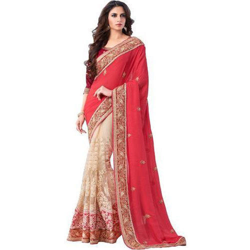 Pink And Skin Georgette Ladies Saree For Party Wear