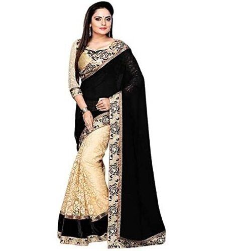 Chiffon Golden And Black Mix Georgette Saree For Ladies