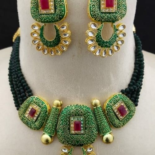 Indian Handmade Girls And Women Ladies Fashion Necklace, Green And Golden Color