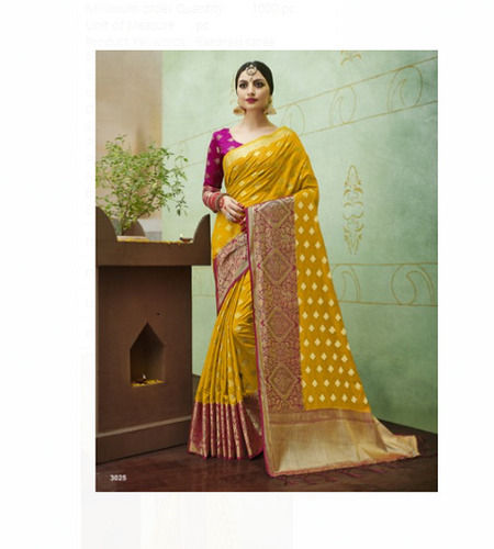 Yellow And Golden Printed Pattern Party Wear Washable Cotton Silk Saree