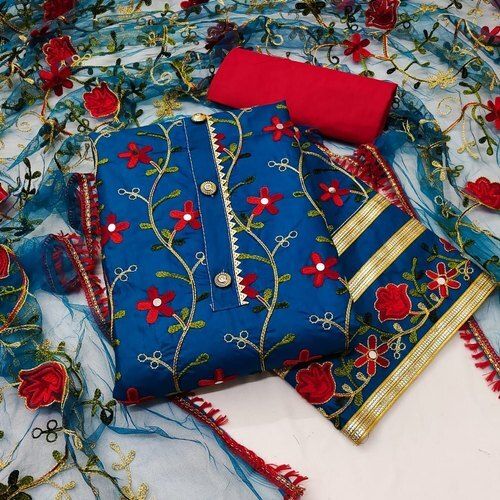 Multicolor Comfortable And Washable Embroidered Cotton Unstitched Punjabi Suit 